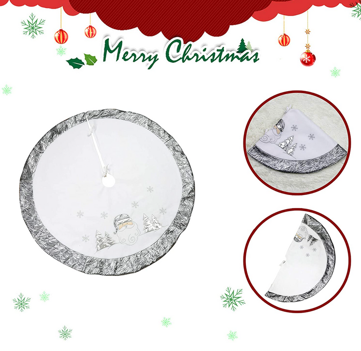 Luxury Christmas Tree Skirt, Embroidered Silvery Santa Claus Snowflake with Satin Border, 36"